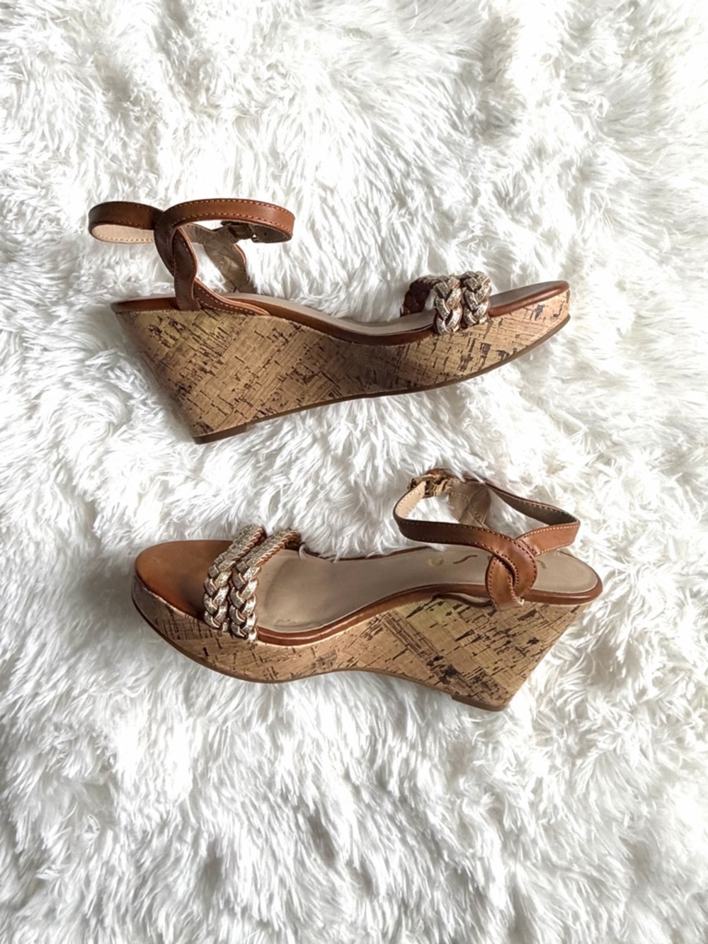 Unisa Brown Cork Wedge Sandals Braided Metallic Accent Resortwear Date Night